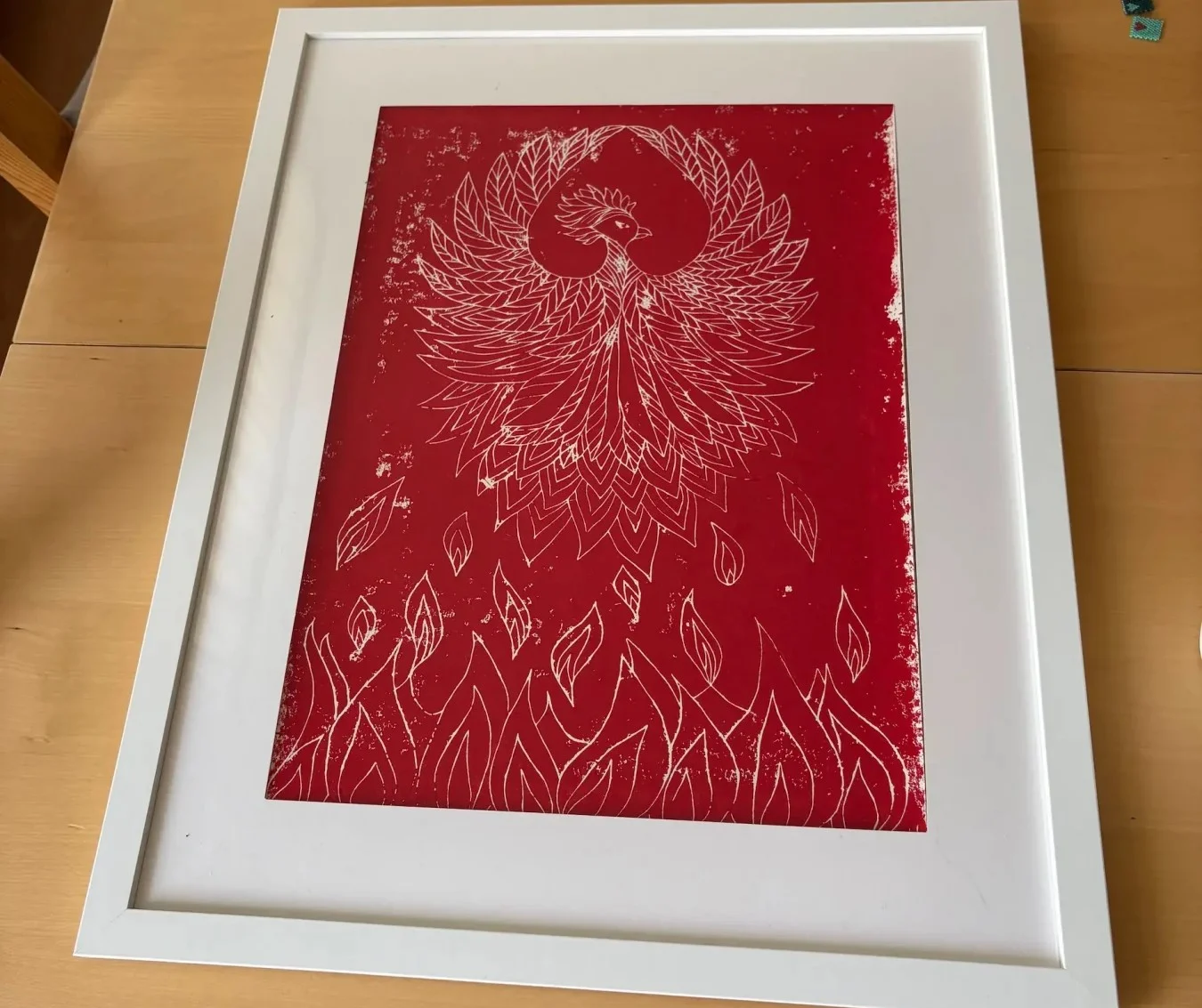 Feuer, Tinte, Linol und ein Phönix